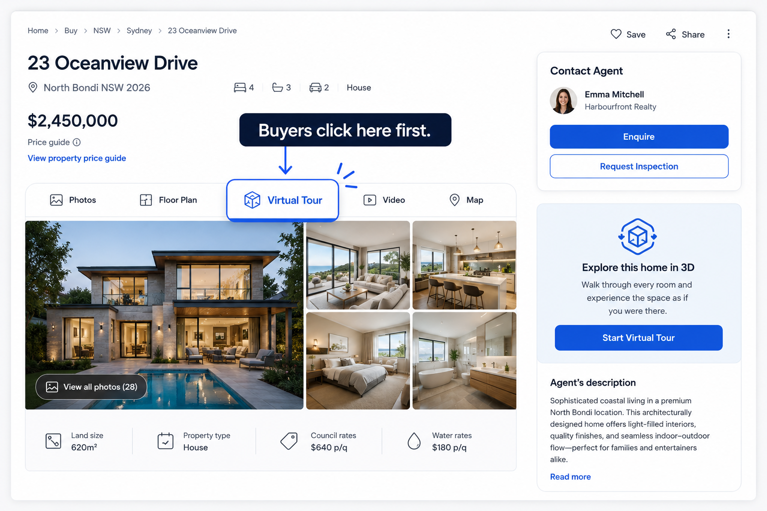 Diagram showing where the realestate.com.au virtual tour link appears in a property listing's media gallery.