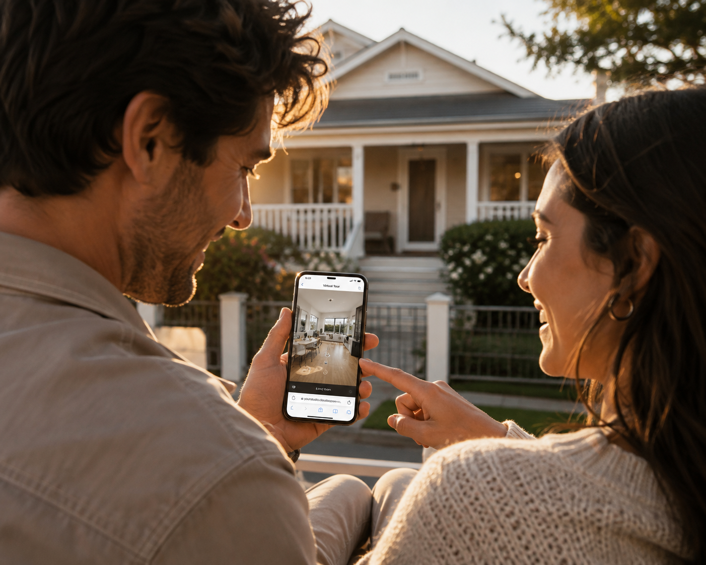 Prospective buyers exploring a home's virtual tour on a phone before attending an open home in Australia.