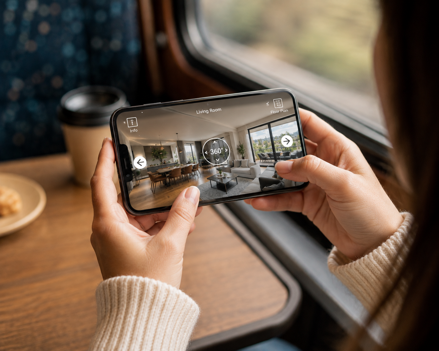 Prospective buyer scrolling through a 360 virtual tour on a phone while researching a property listing.
