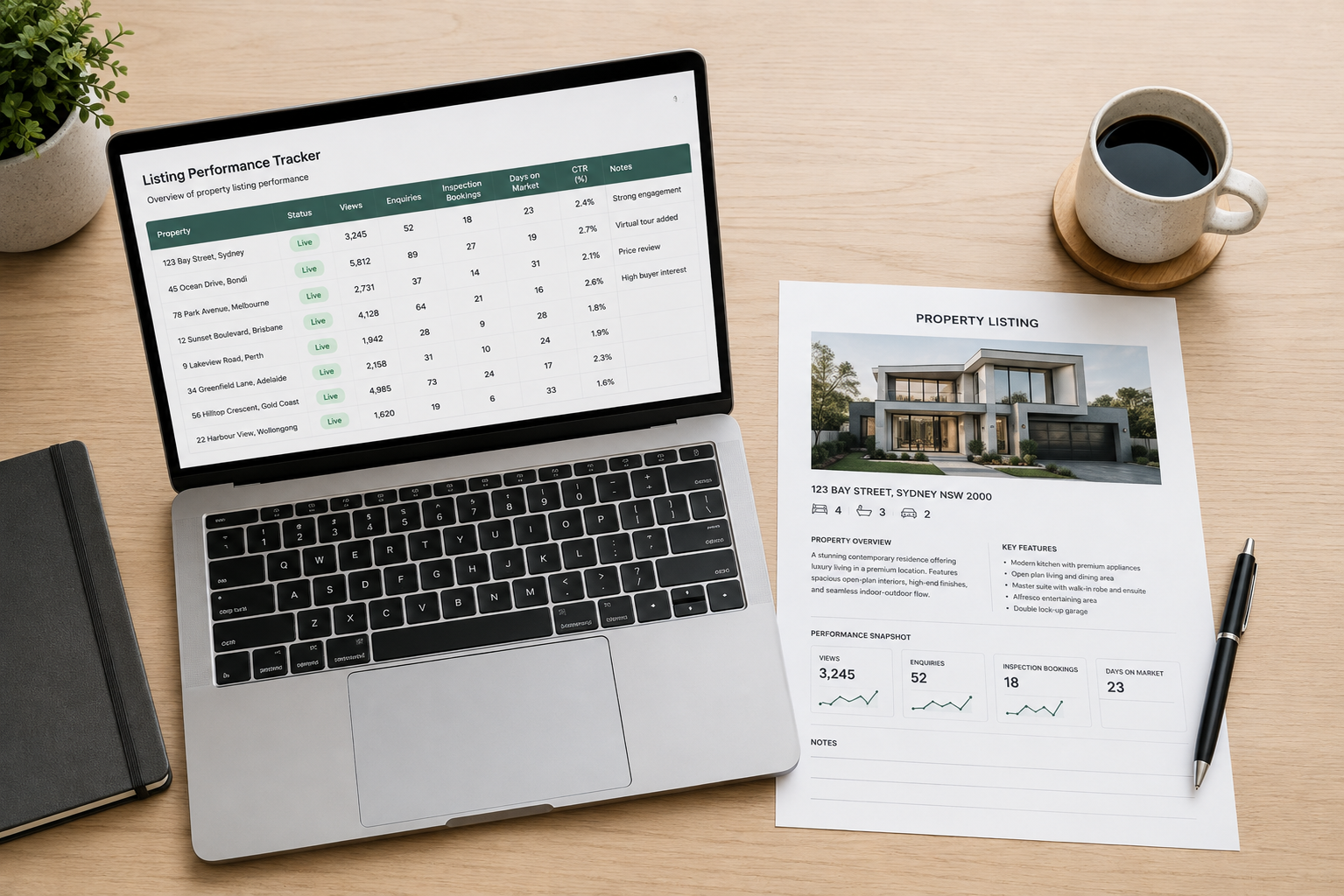 Agent tracking virtual tour listing performance metrics such as views and enquiries on a laptop.