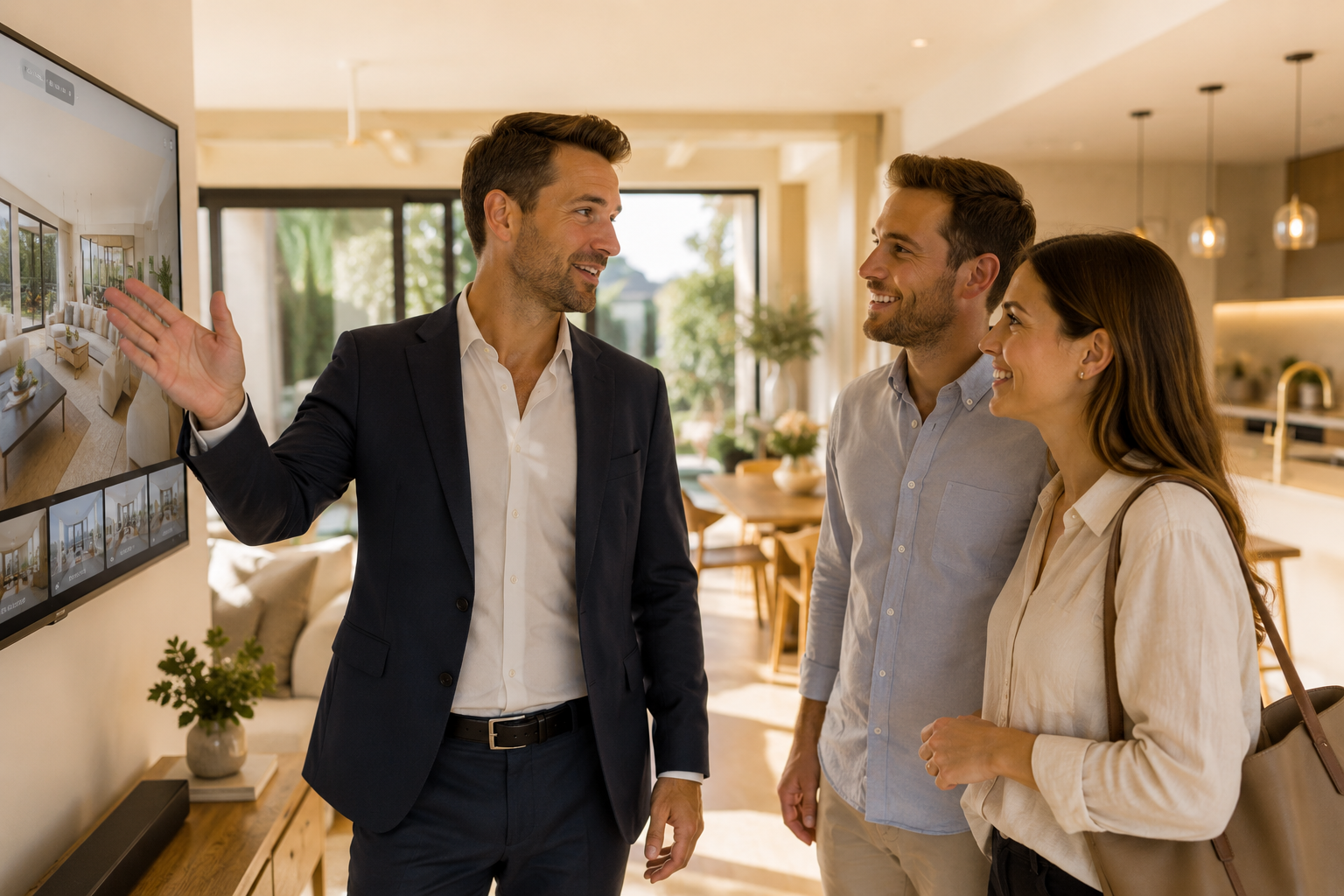Confident real estate agent presenting a virtual tour to clients before a home sells on realestate.com.au.