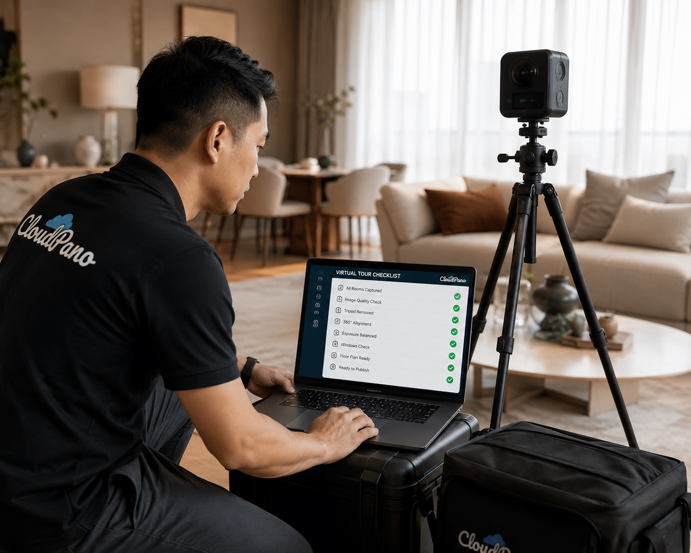 Virtual tour photographer checking realestate.com.au virtual tour requirements on a laptop before uploading.