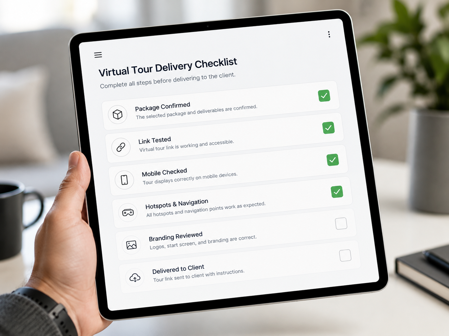 Screenshot-style mockup of a pre-upload checklist for realestate.com.au listing specs and virtual tour requirements.