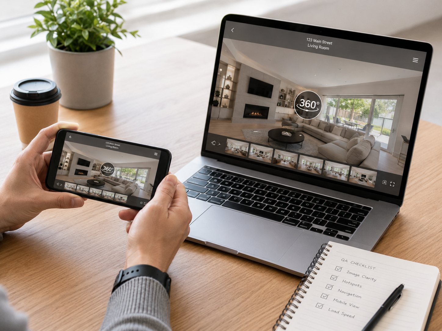 Agent testing a virtual tour on both mobile and desktop to confirm it meets realestate.com.au virtual tour requirements.