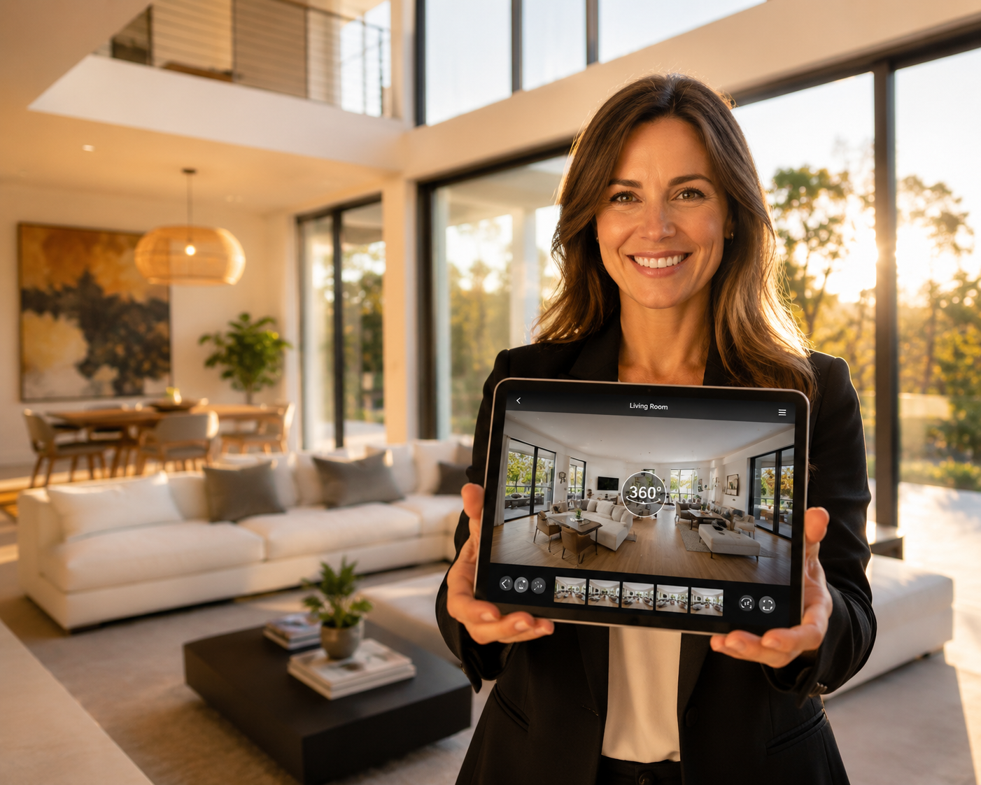 Real estate agent confidently presenting a polished virtual tour that meets realestate.com.au listing specs to buyers.