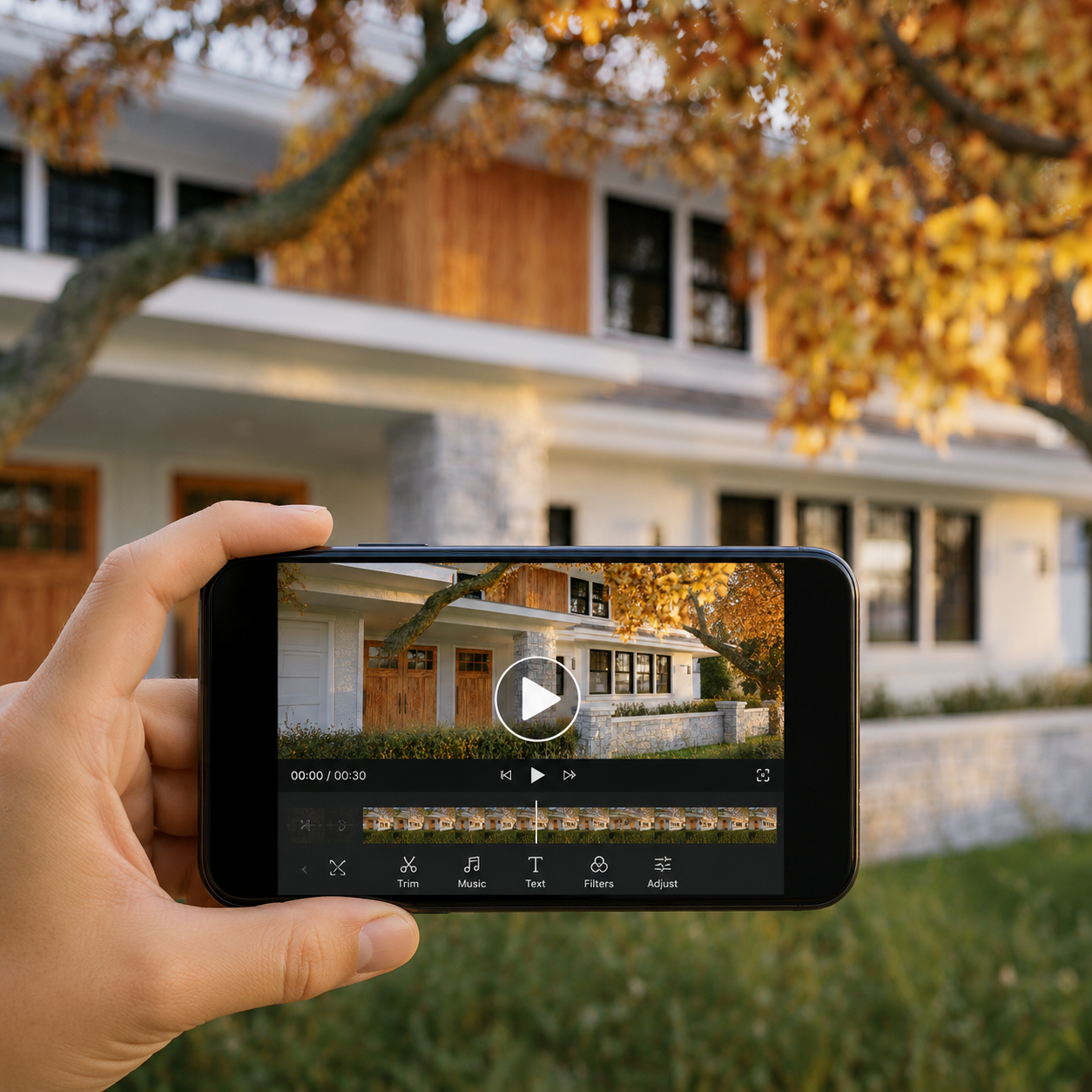 Smartphone displaying an AI-generated real estate video in front of a house listing