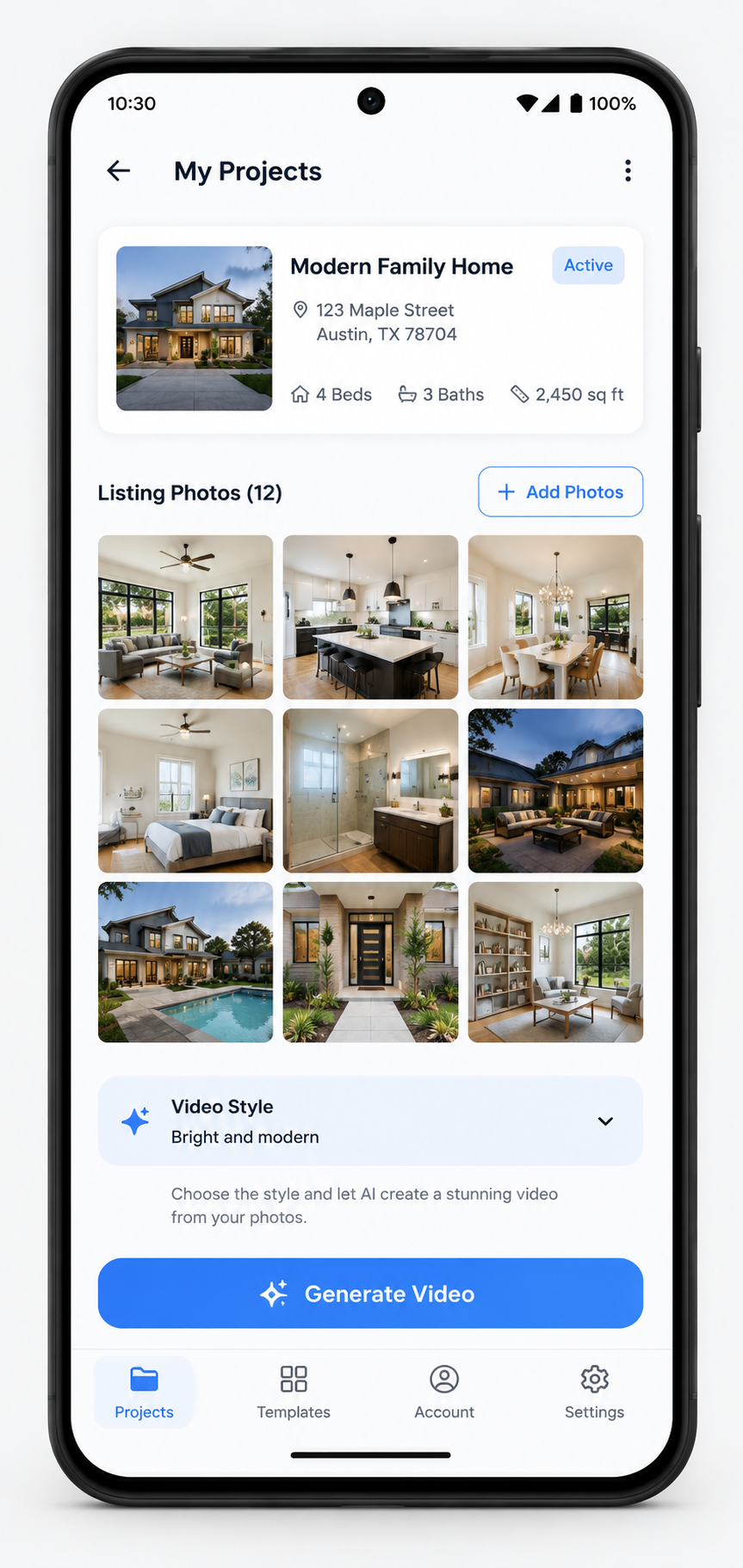 Mobile app screen showing a real estate property project ready to generate an AI video