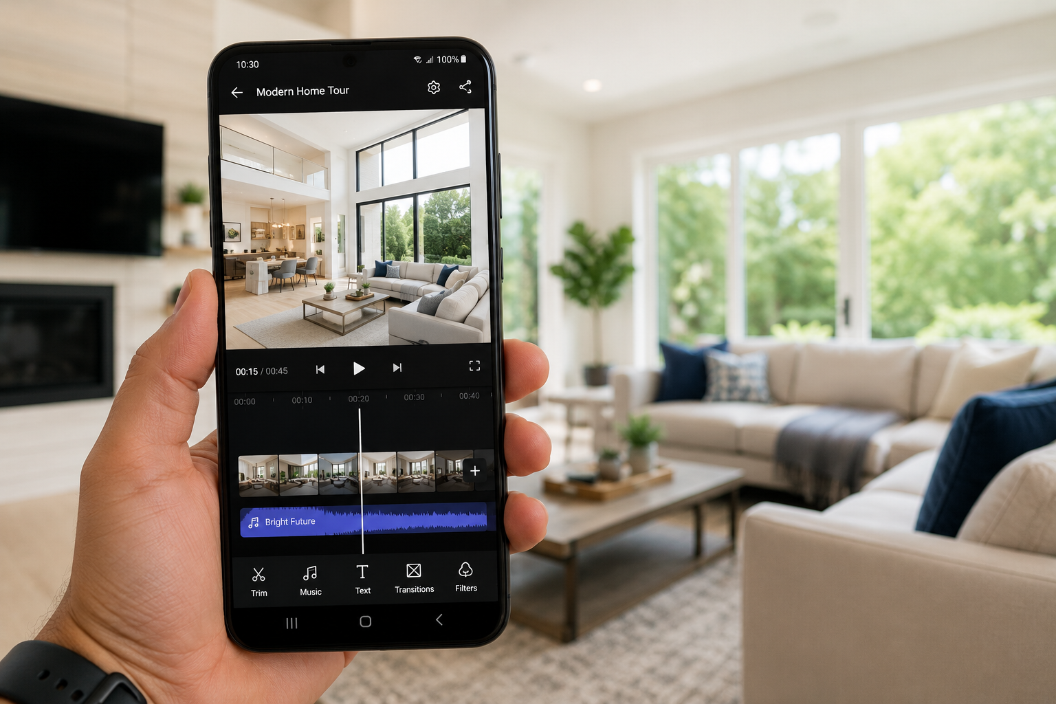 Android smartphone showing a real estate video being created with an AI video maker app
