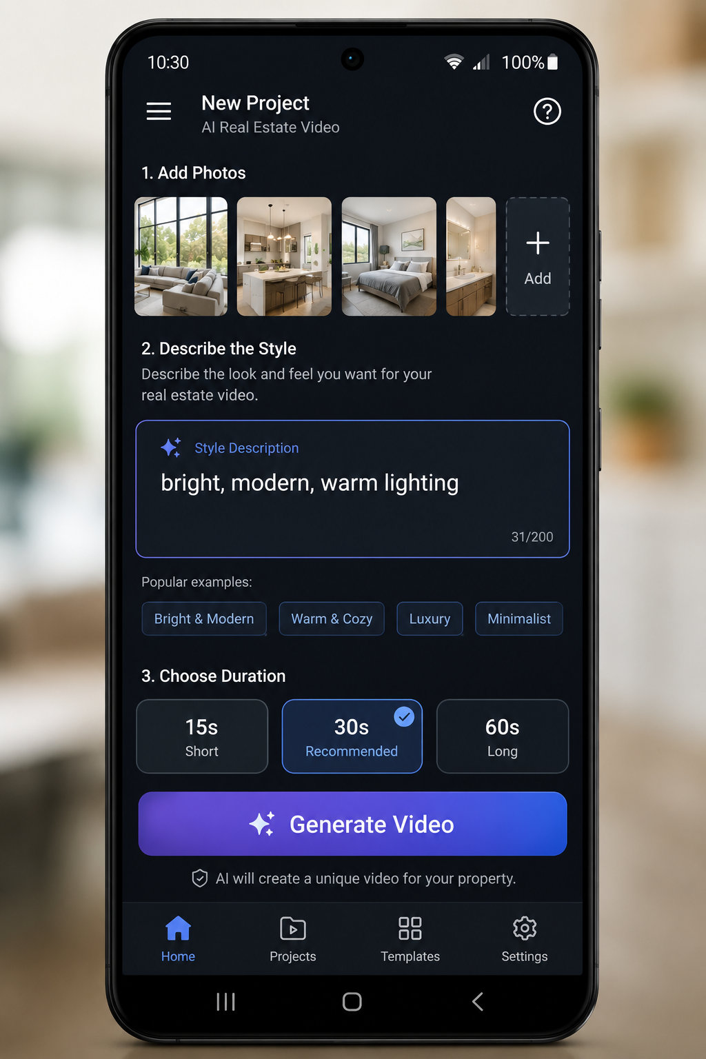 Mobile app screen where a user describes the video style before AI generation