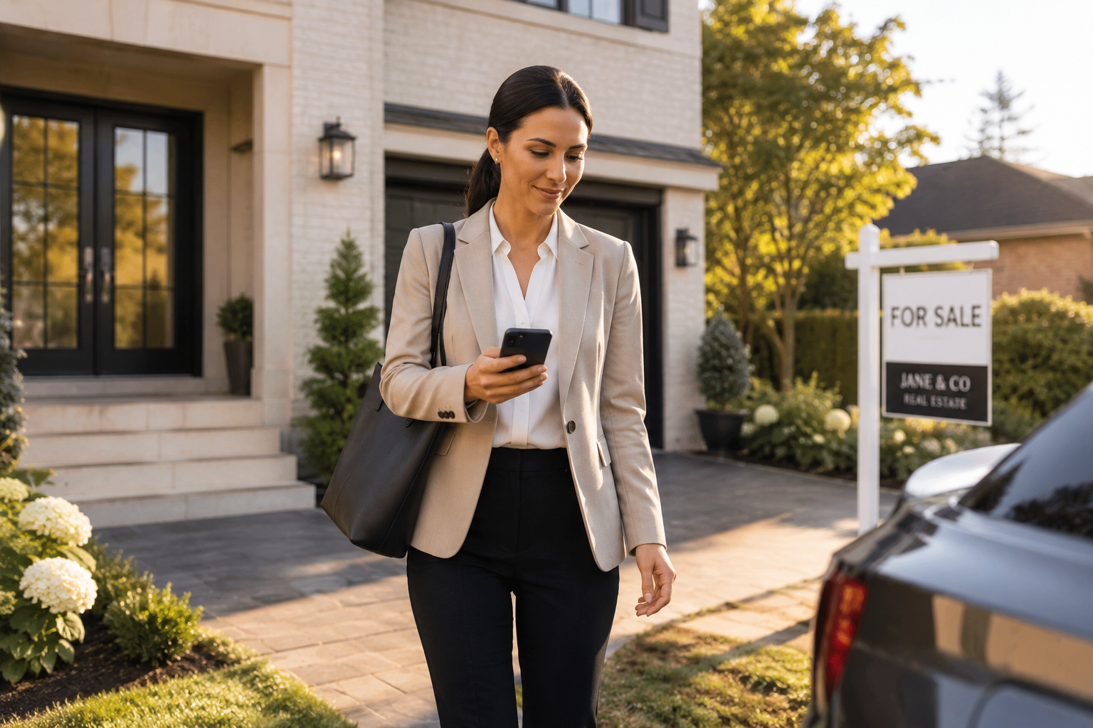 Real estate agent using a smartphone to create an AI video after a listing showing