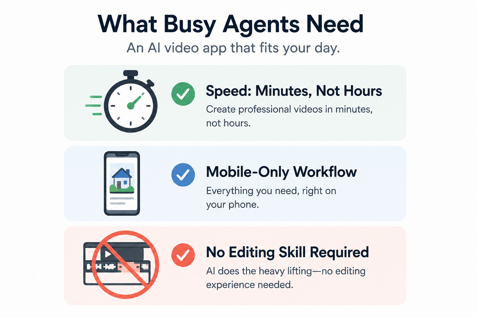 Checklist graphic of three things busy real estate agents need from an AI video app