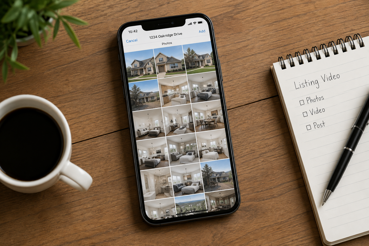Smartphone showing a grid of real estate listing photos ready to convert into an AI video