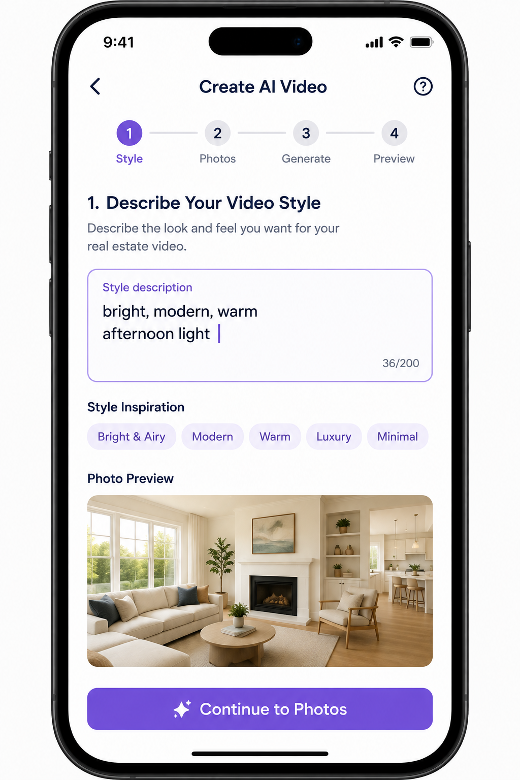Mobile app screen showing an example style description for AI video generation