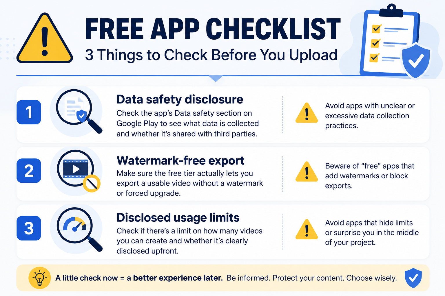 Checklist infographic of what to verify before trusting a free real estate video app