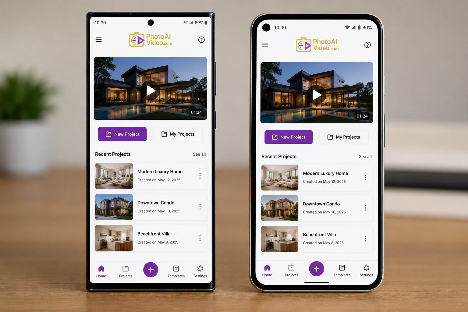 Samsung Galaxy and Google Pixel phones side by side both running the same AI real estate video app