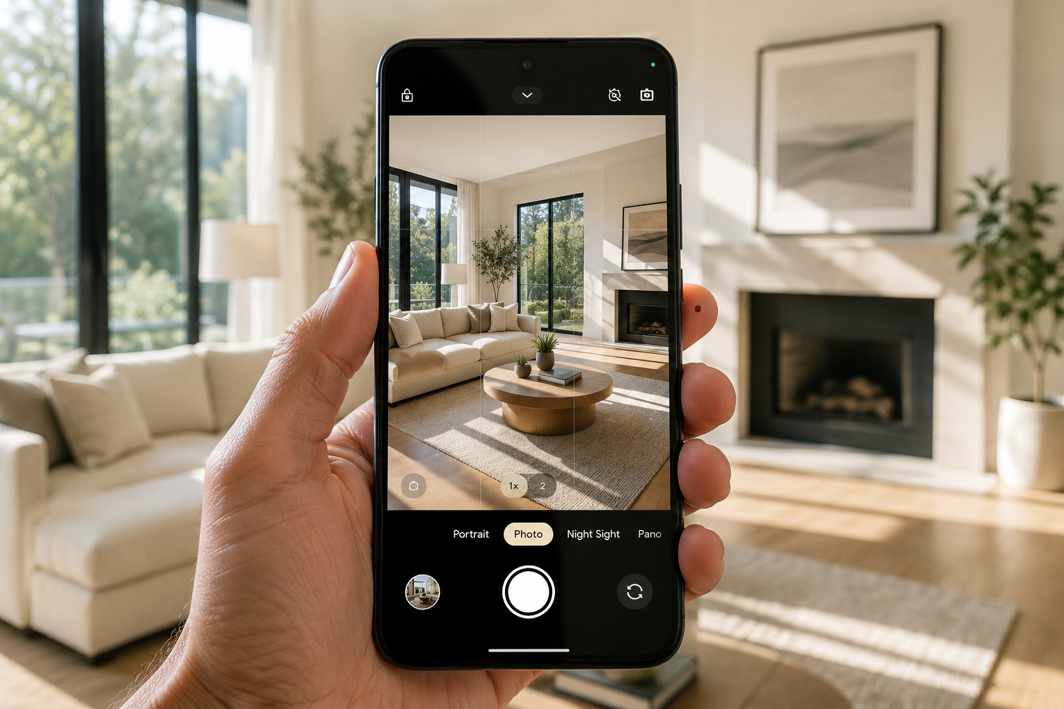 Person using a Pixel phone to photograph a bright living room for a real estate listing