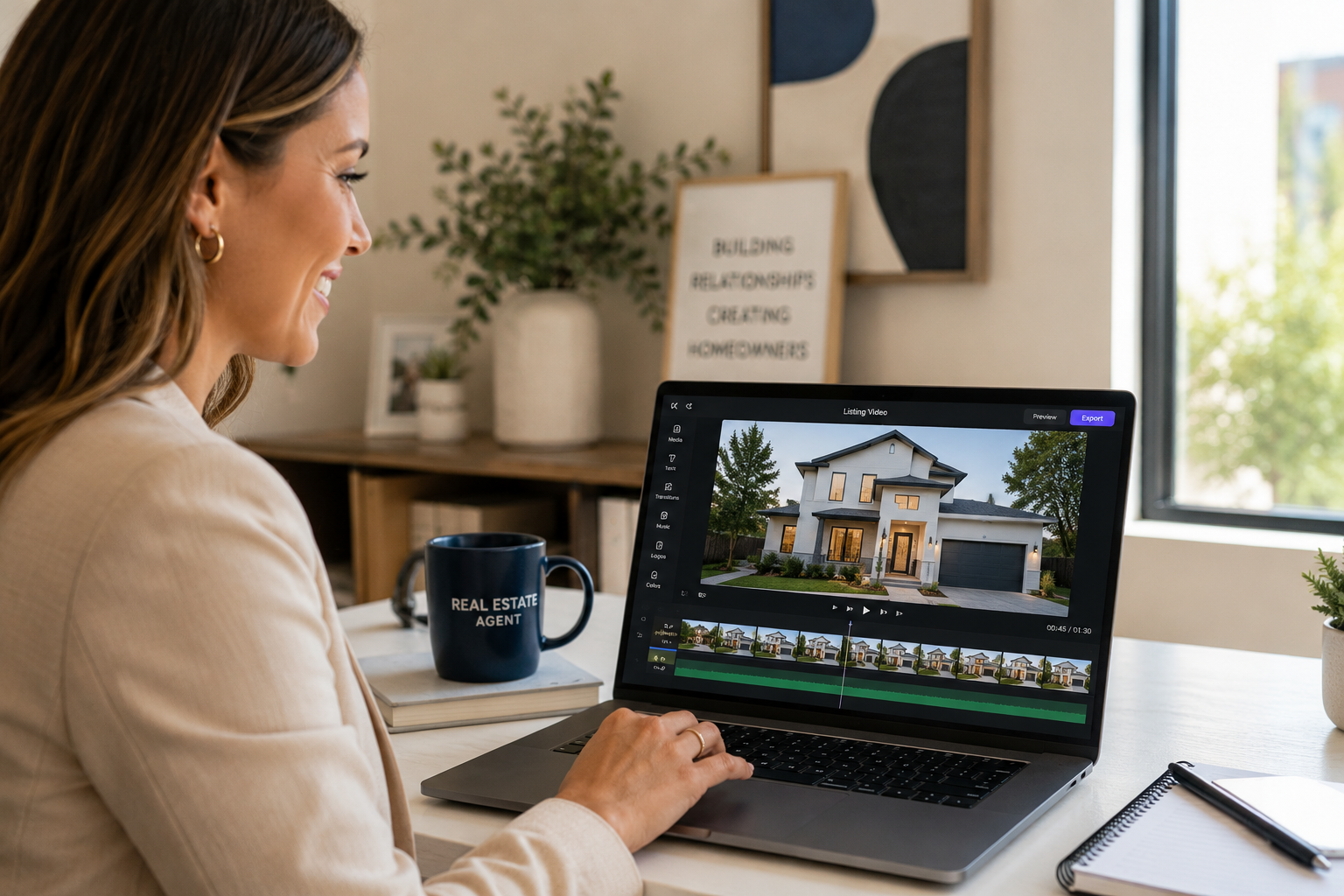Real estate agent using a real estate video maker on a laptop to edit a listing video