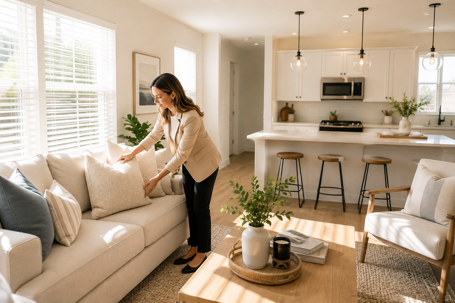 Agent decluttering and staging a living room before filming a property video
