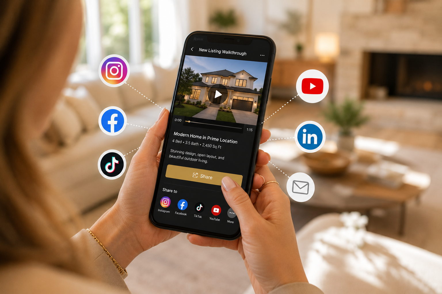 Real estate agent publishing a property walkthrough video on social media from a phone