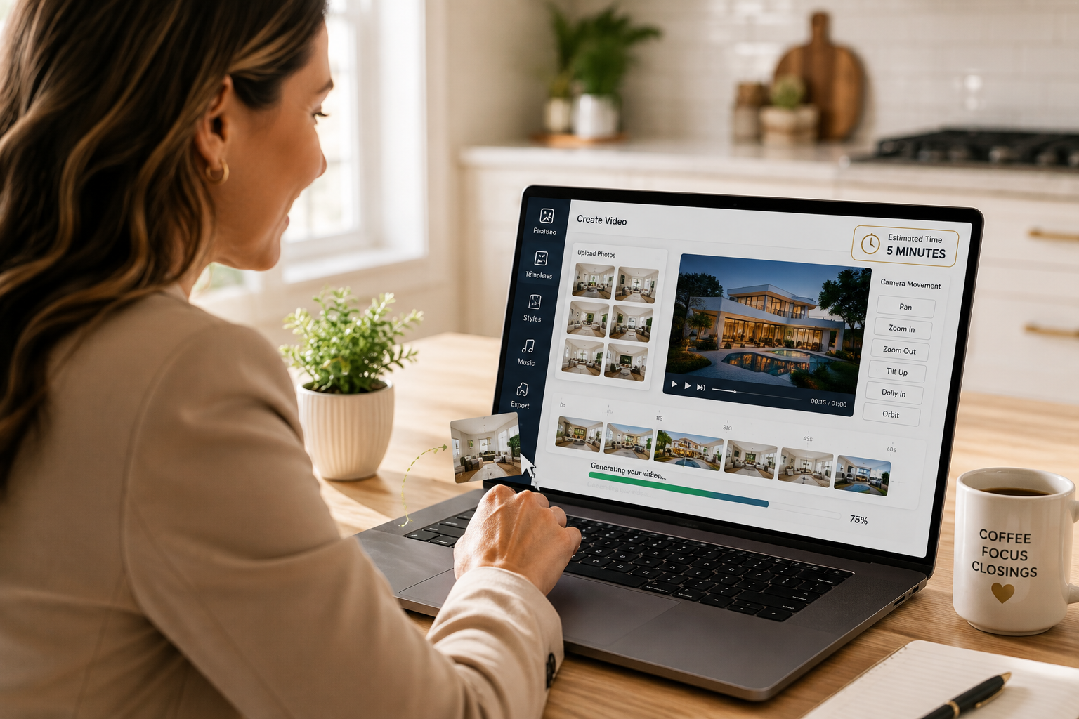 Real estate agent uploading listing photos to an AI real estate video maker on a laptop
