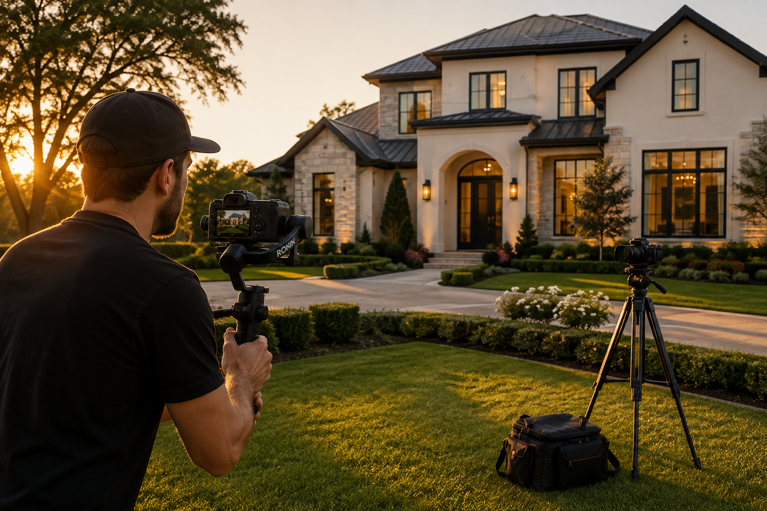 Professional videographer filming a house exterior for a real estate listing video