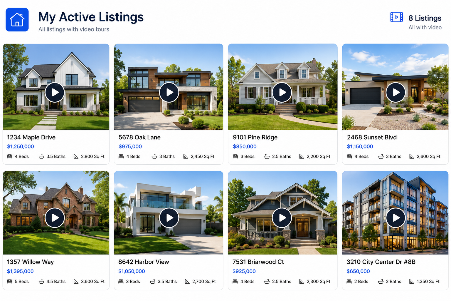 Grid of real estate listing videos representing scalable video marketing for realtors