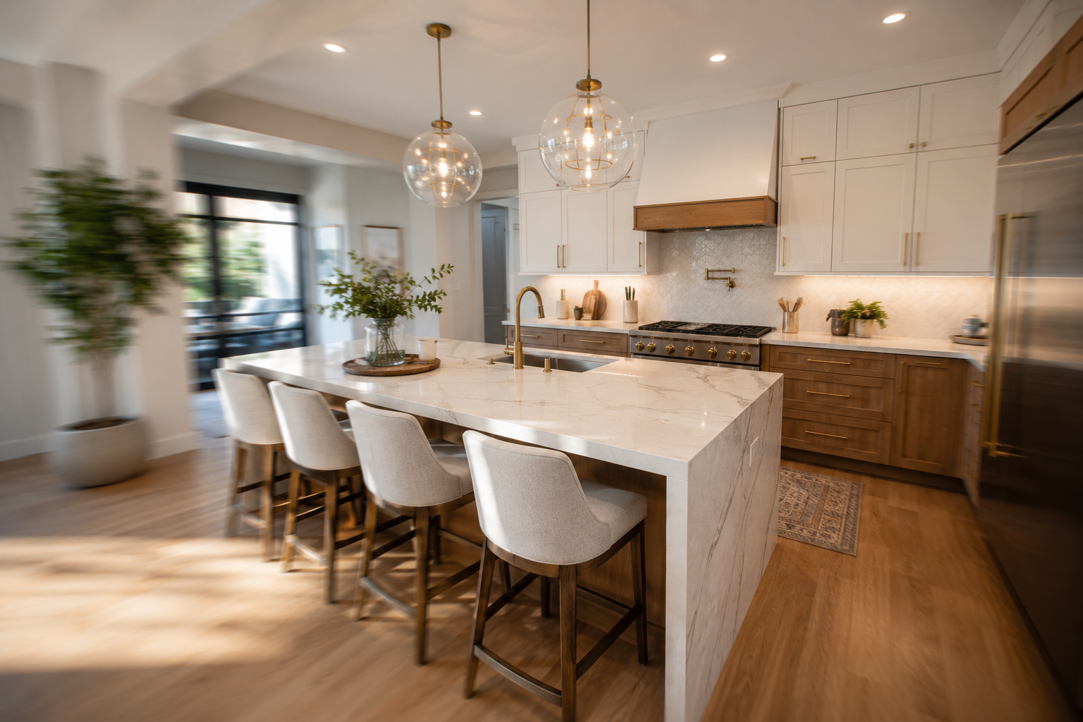 Real estate video maker orbit shot highlighting a modern kitchen island