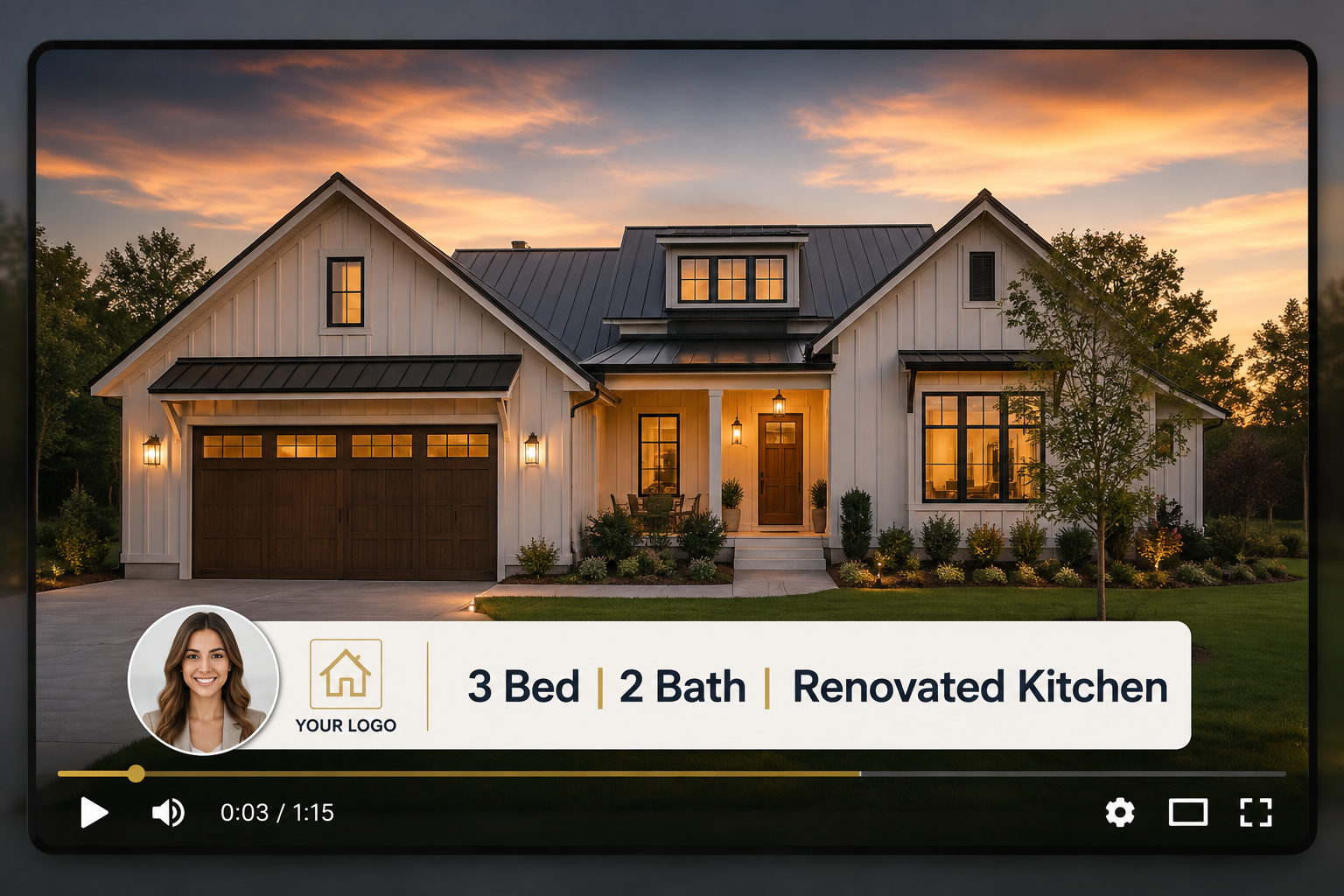 Property video with realtor branding, logo, and on-screen captions