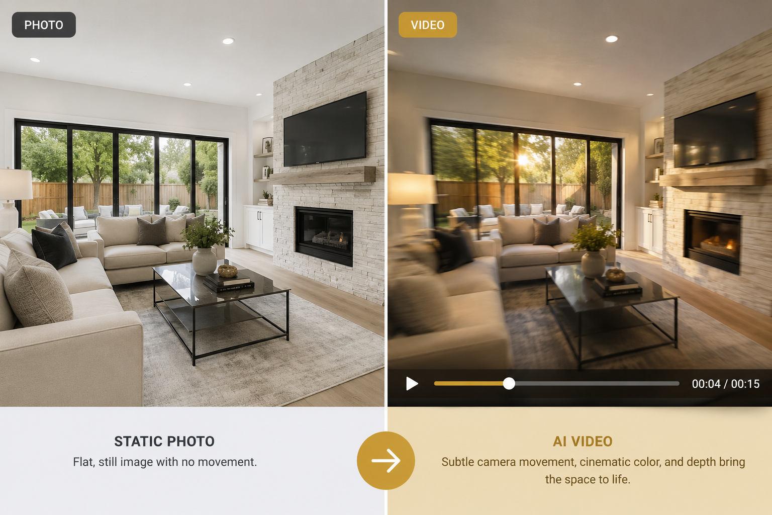 Before and after comparison of a static listing photo transformed into a cinematic video frame