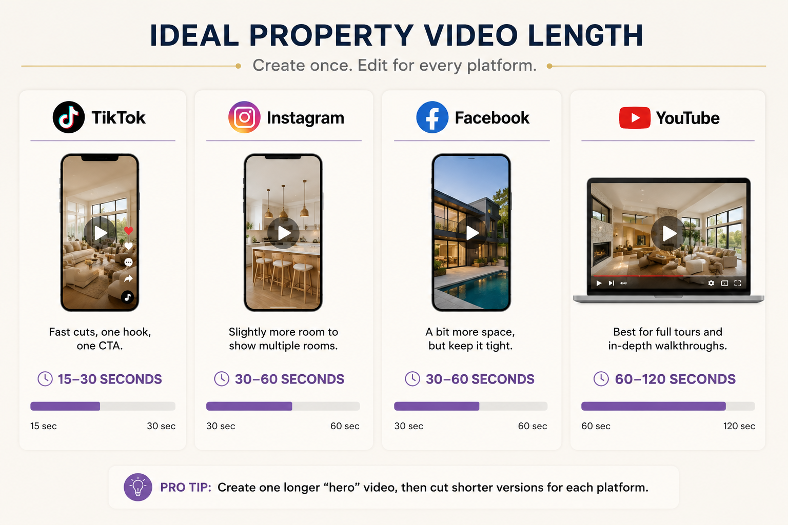 Infographic comparing ideal real estate video length across TikTok, Instagram, Facebook, and YouTube