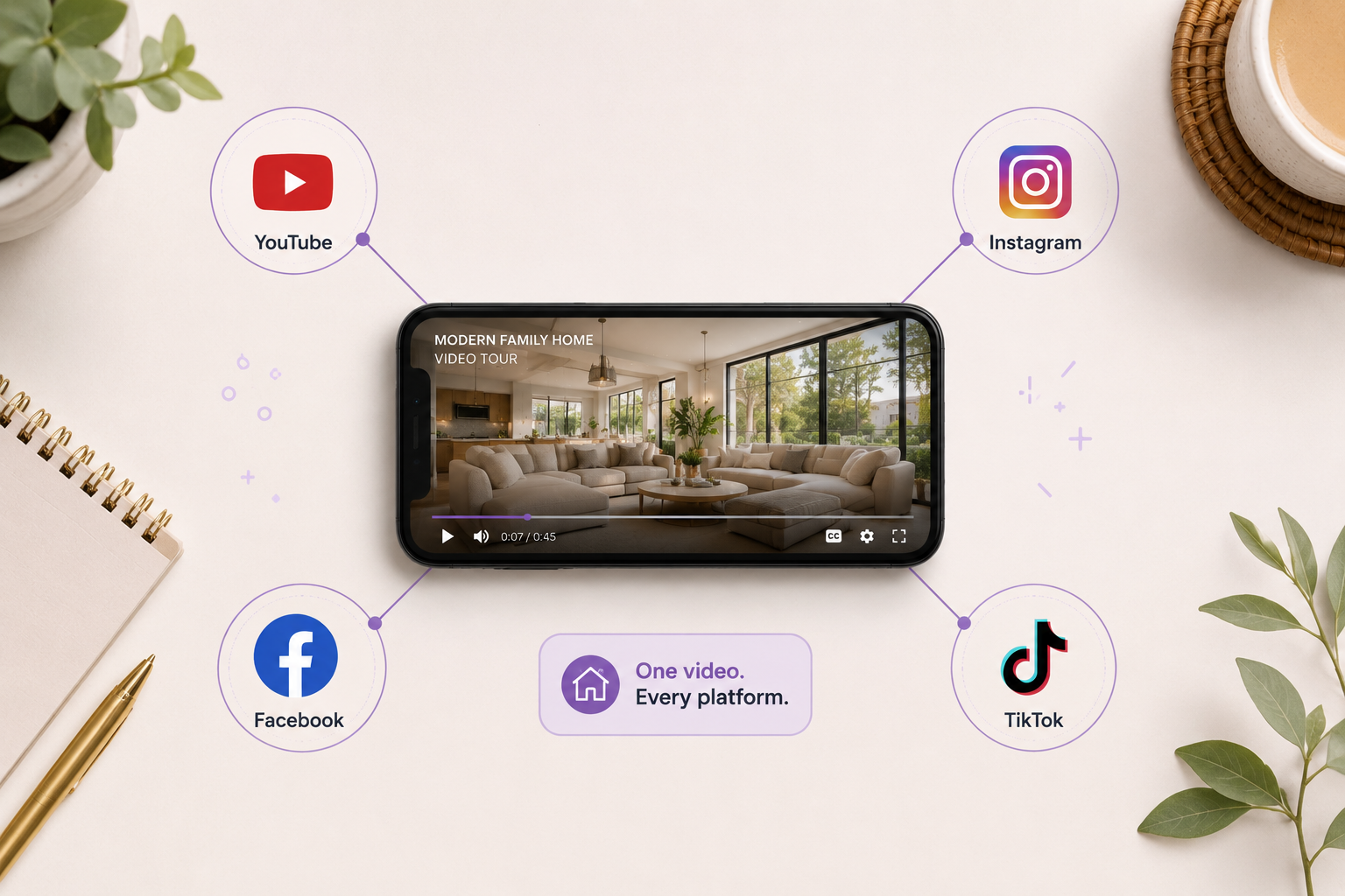 Real estate listing video shared across YouTube, Instagram, Facebook, and TikTok icons