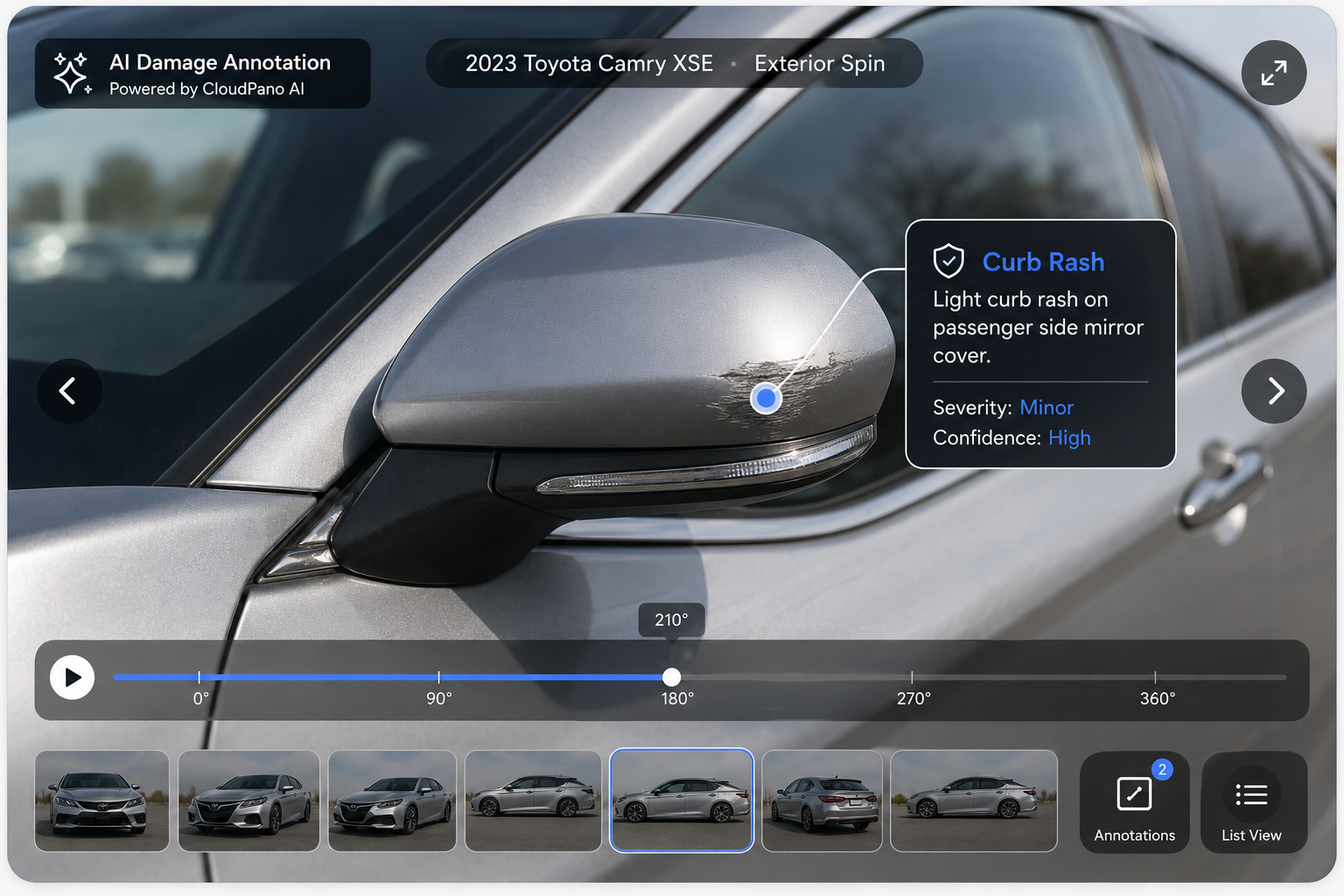 AI damage annotation on a car 360 spin highlighting curb rash on a vehicle side mirror