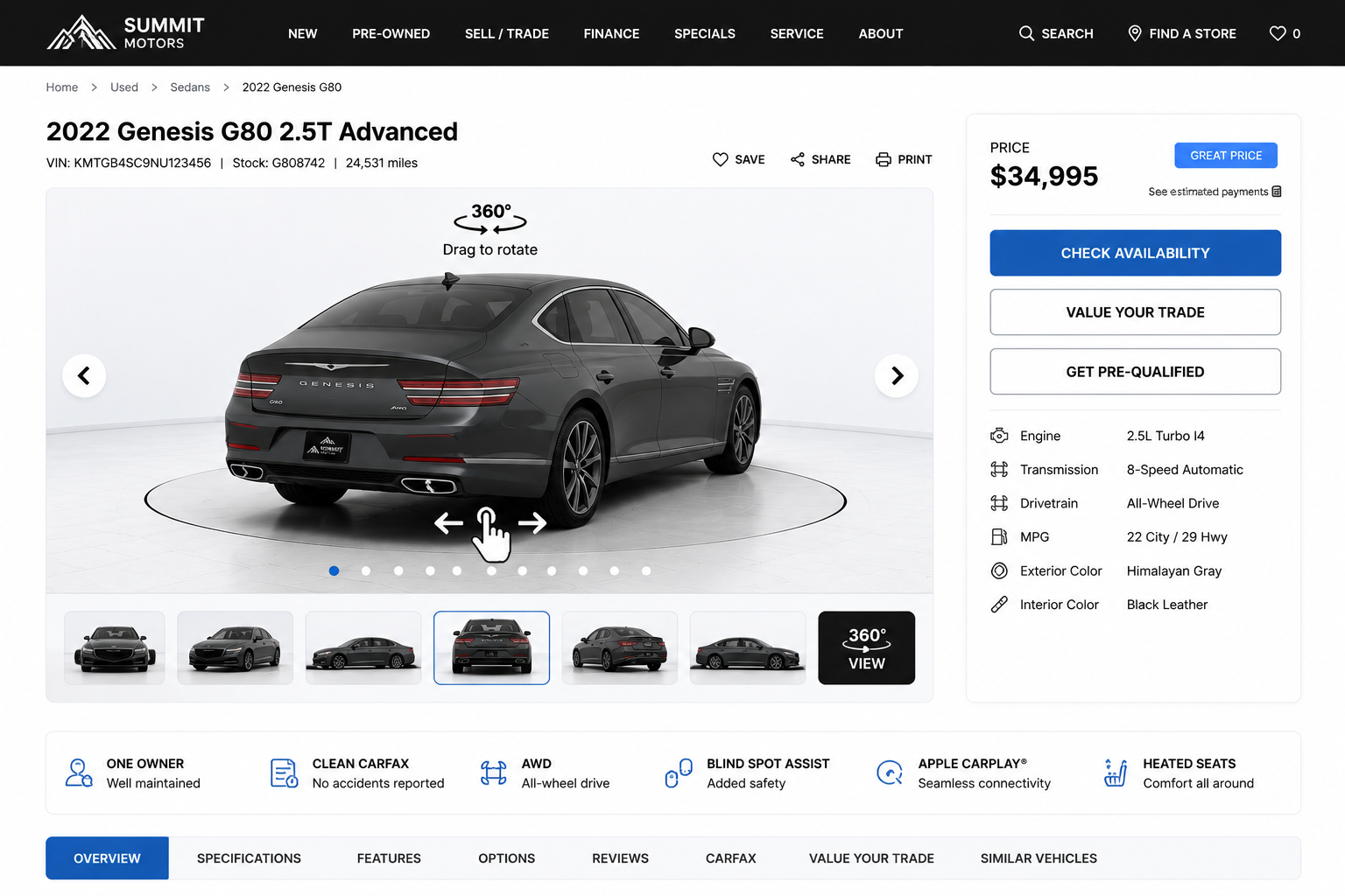 Vehicle detail page with an interactive 360-degree car spin viewer and drag-to-rotate controls