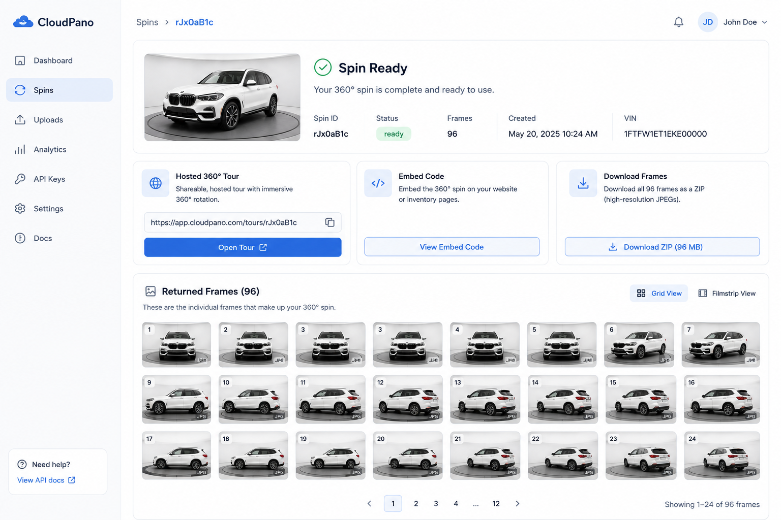 Car 360 Spin API output showing 96 processed vehicle frames and a hosted 360-degree tour