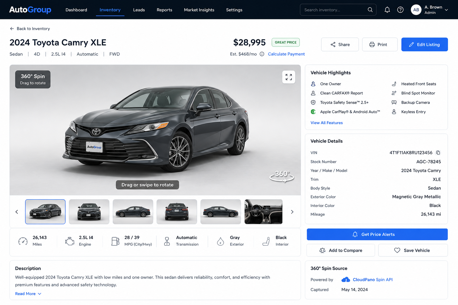 Vehicle detail page with an embedded 360-degree car spin and VIN and stock number data from an automotive imaging API