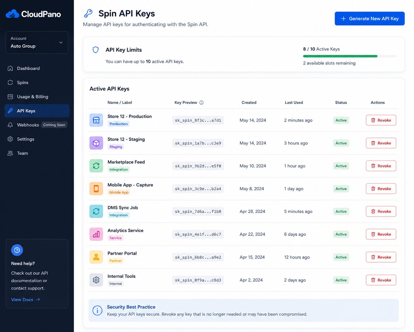 Automotive imaging API key management dashboard showing separate API keys for dealership stores, staging, and integrations