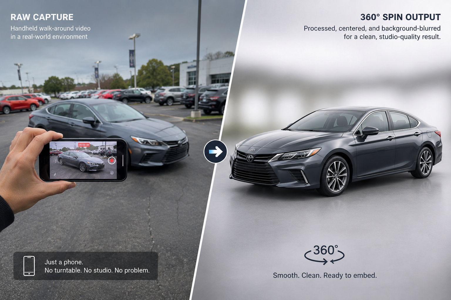 Car 360 Spin API turning a handheld vehicle walk-around video into a clean, centered 360-degree car spin