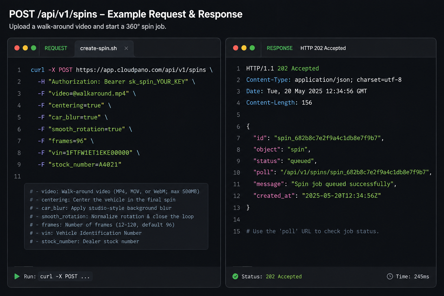 Car 360 Spin API request and queued response showing the vehicle spin processing workflow