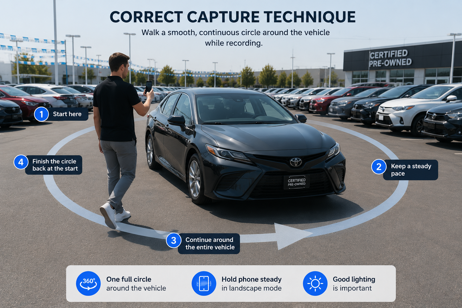 Correct car walk-around capture technique for CloudPano Spin API showing a full circle around the vehicle with a phone
