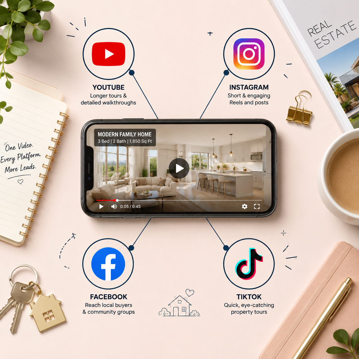 Real estate listing video shared across YouTube, Instagram, Facebook, and TikTok icons