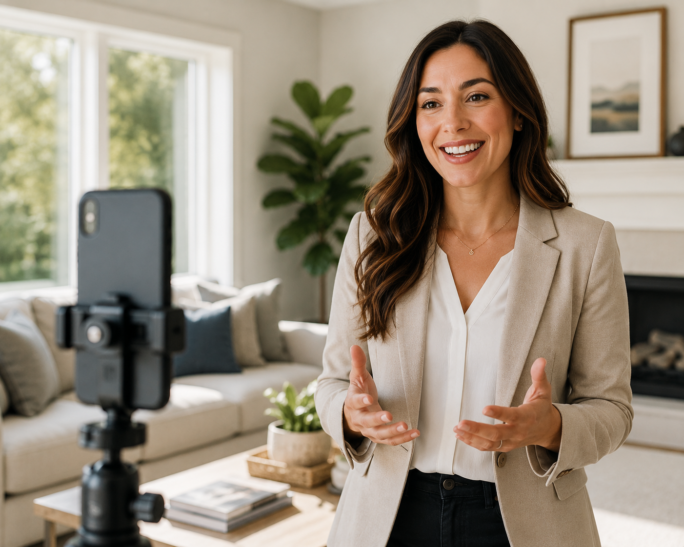 Real estate agent recording a real estate agent introduction video on a smartphone