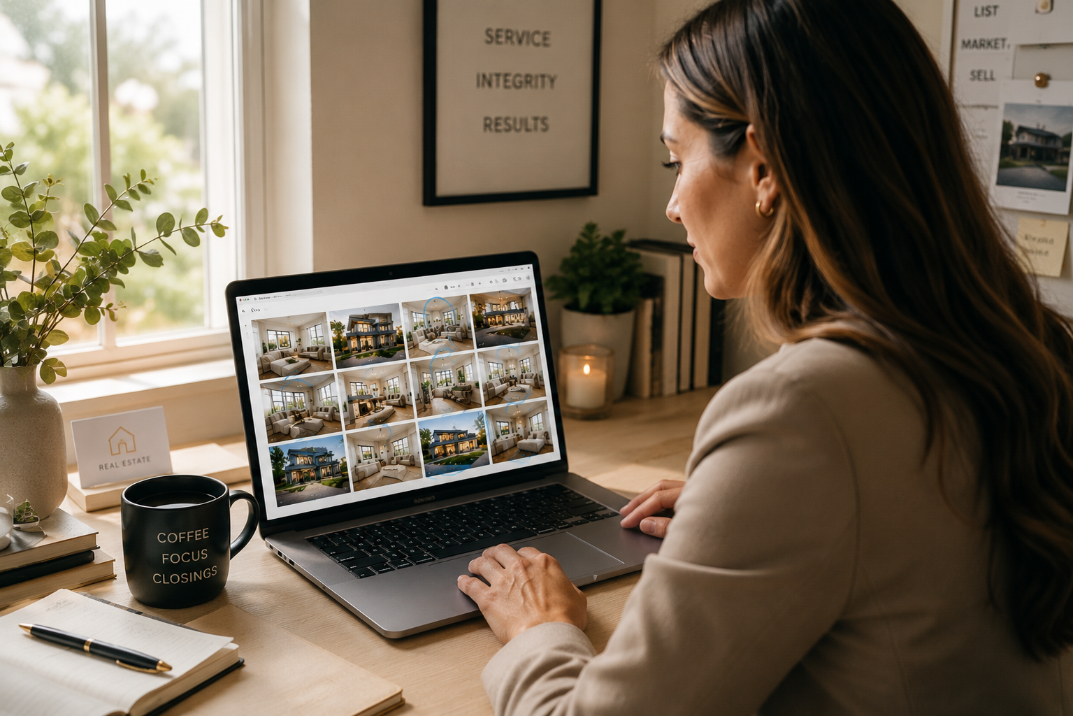 Real estate agent reviewing listing photos on a laptop to choose the best shots for video