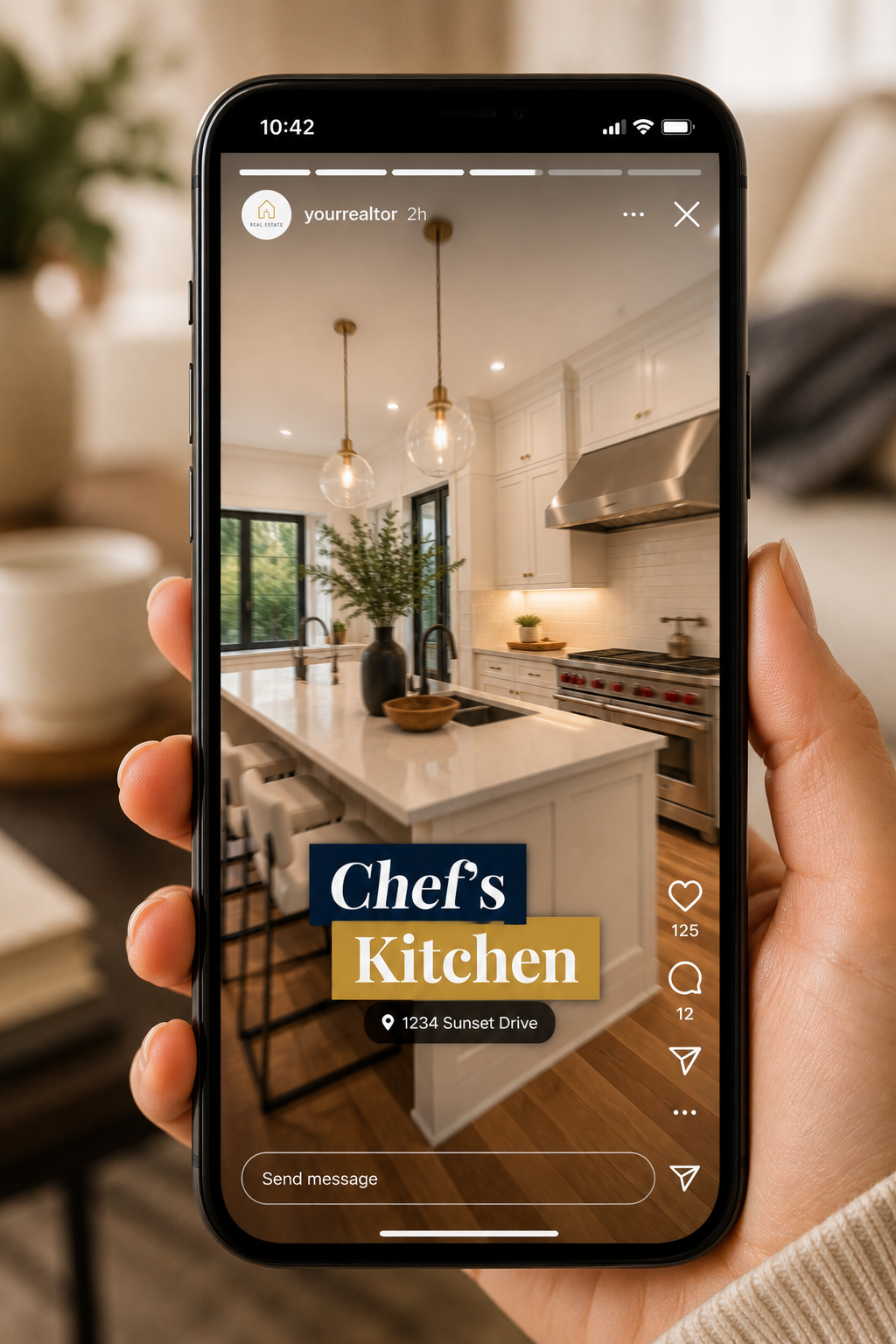 Phone mockup of a vertical short-form real estate video showing a home tour with text overlay