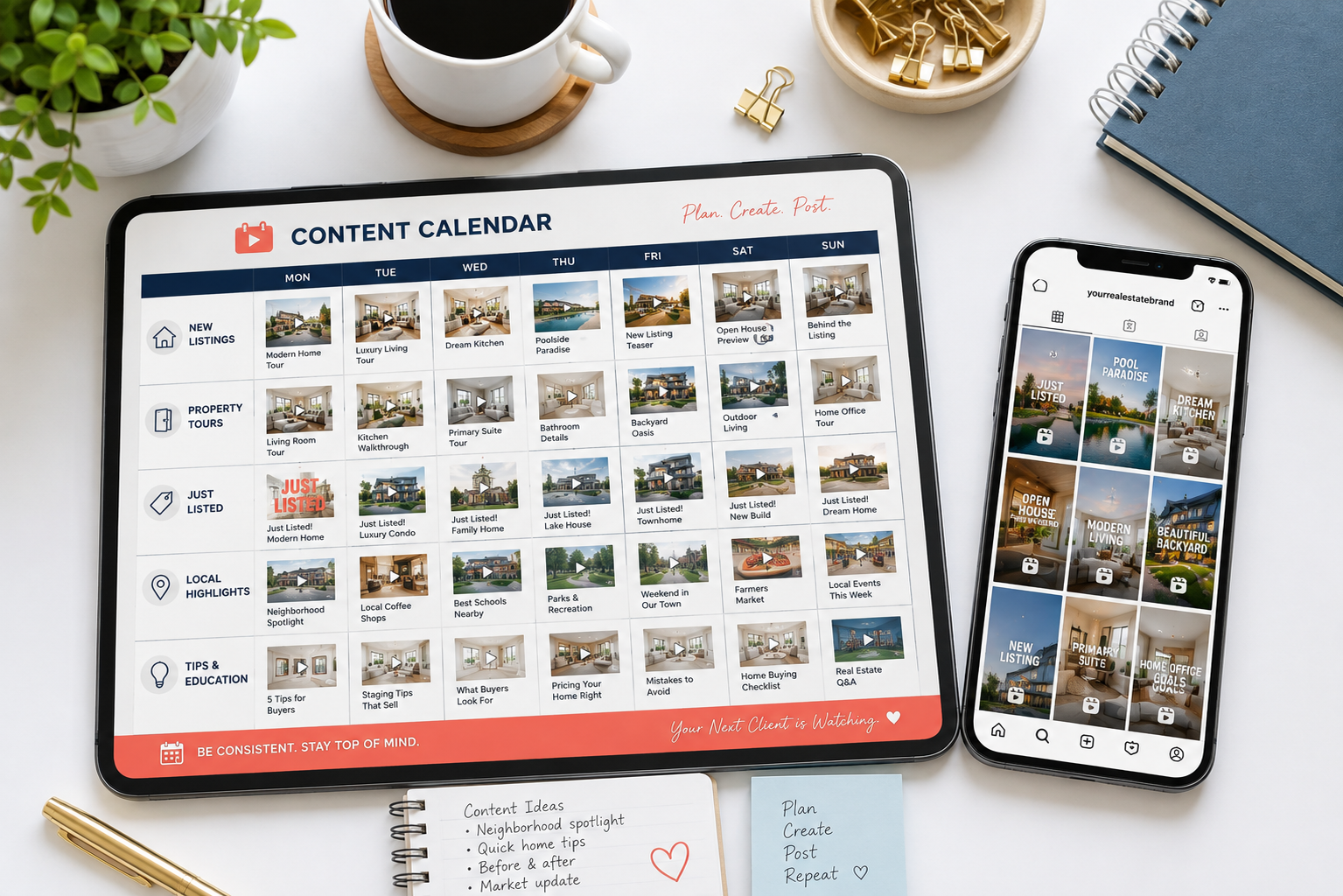 Realtor planning a consistent posting schedule of short-form real estate videos on a content calendar