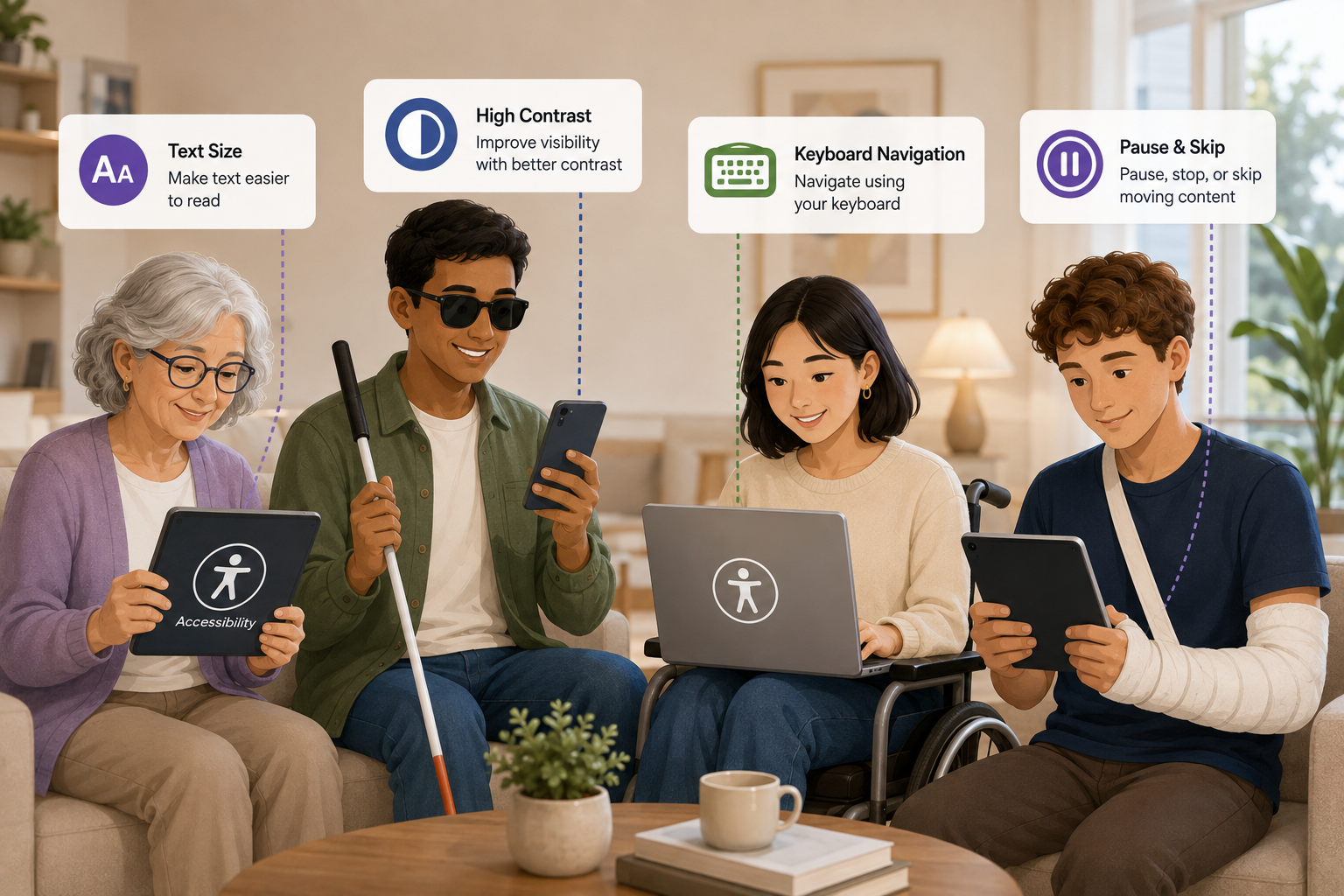 Illustration showing diverse users benefiting from ADA widget features, including elderly users and mobile users