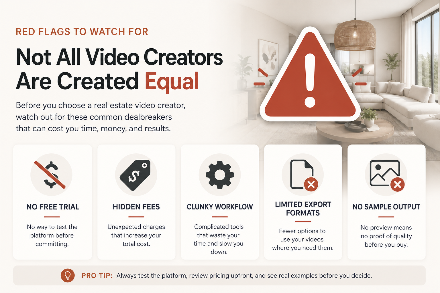 Warning graphic listing red flags to watch for when choosing a real estate video creator