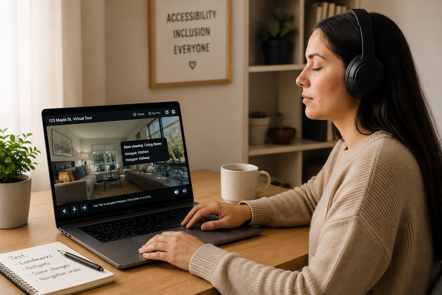 Person testing a virtual tour with a screen reader and eyes closed to simulate the experience