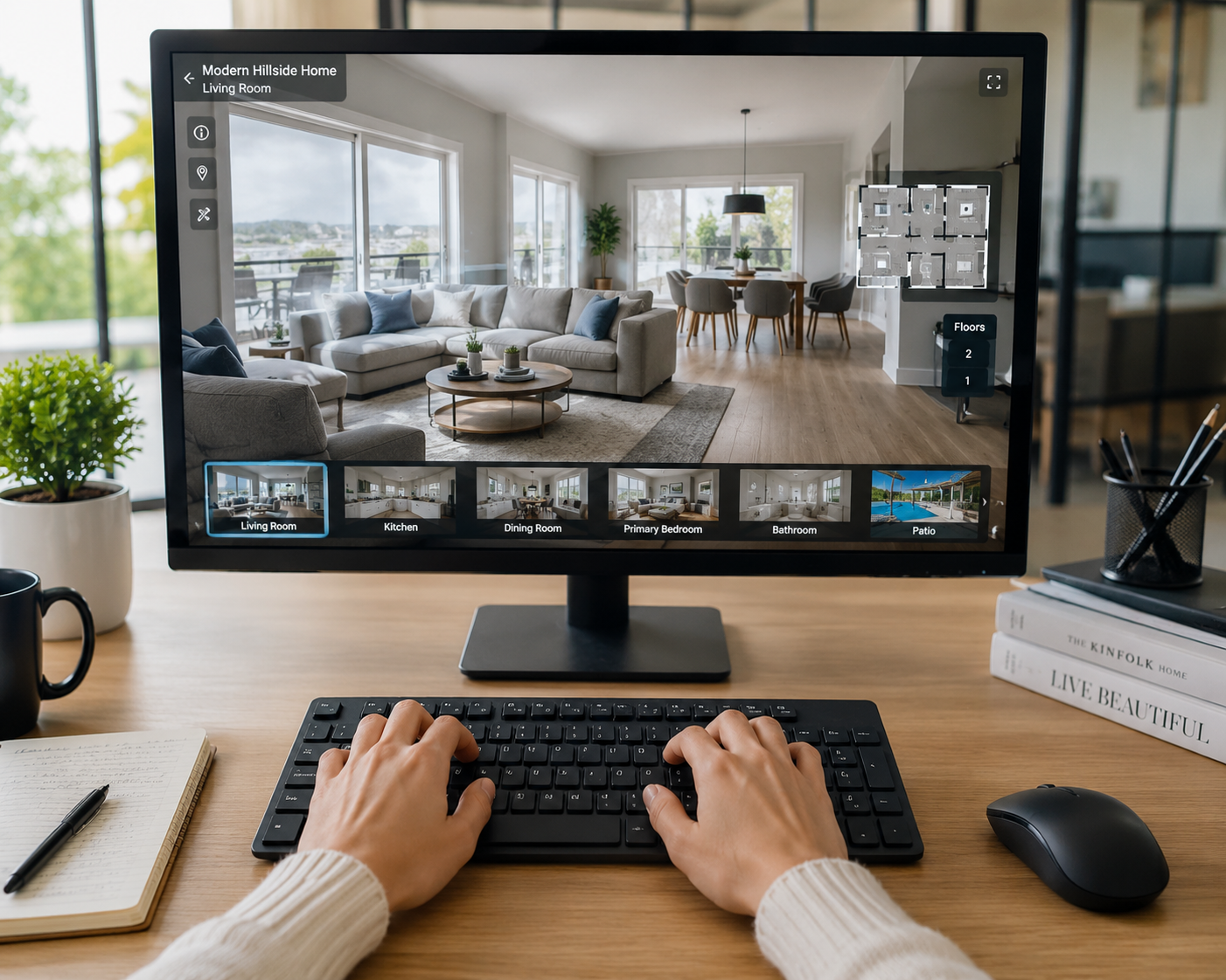Person auditing a virtual tour using only keyboard navigation, no mouse