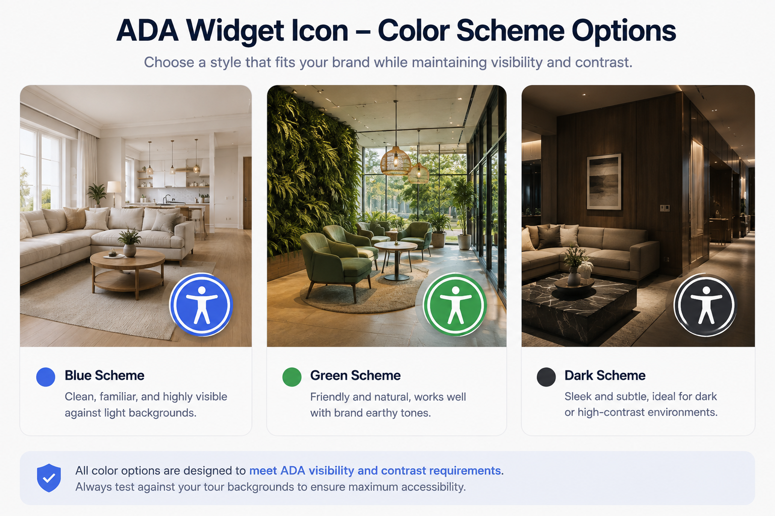 Three variations of ADA widget icon styling in different brand colors