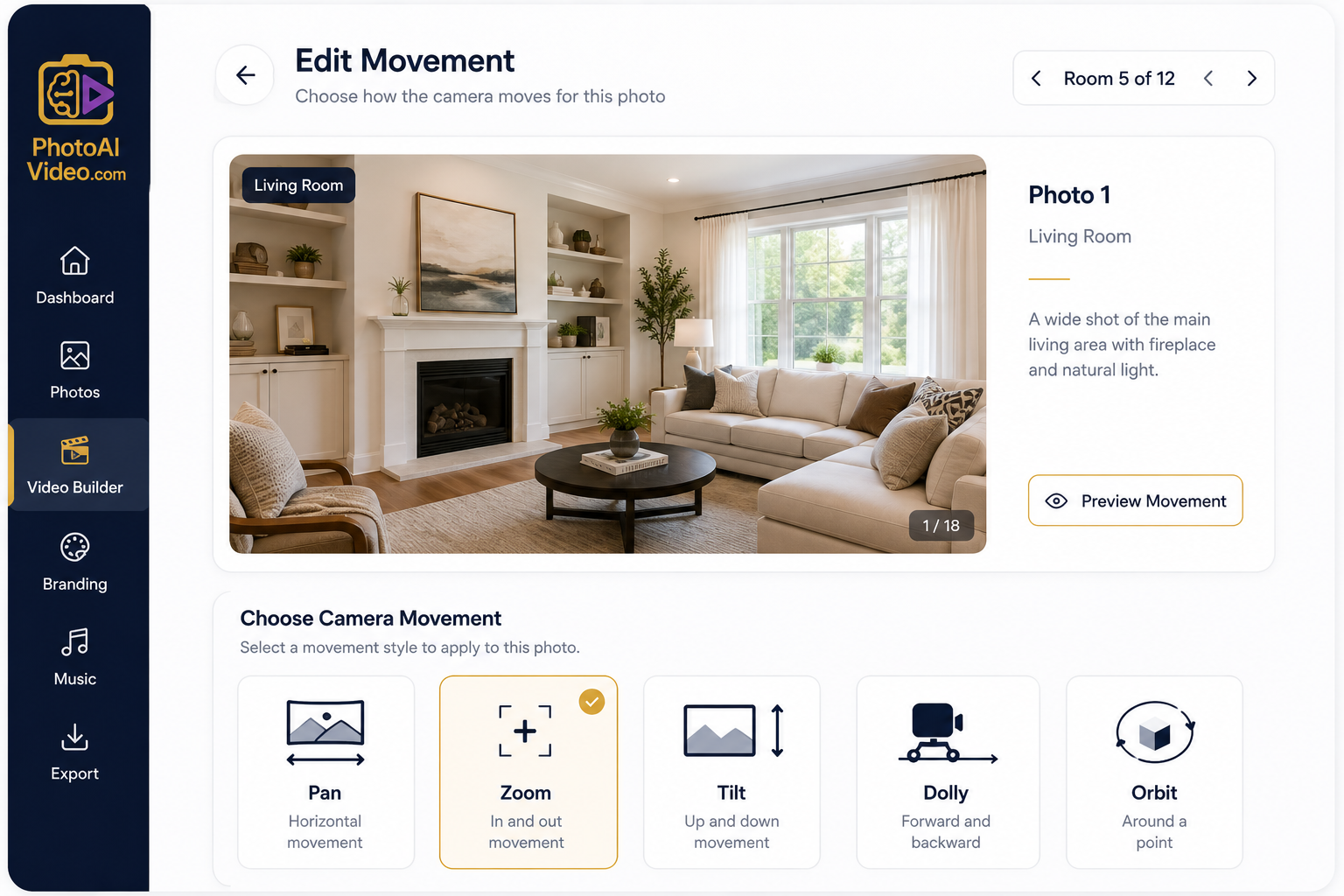 Mockup of selecting camera movements like pan, zoom, and orbit in a real estate video creator interface